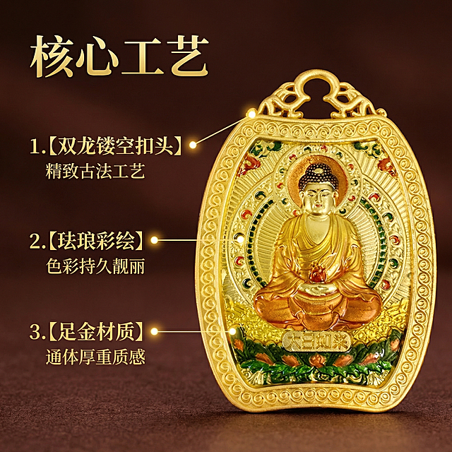 [主图 2] 双龙扣头大日如来唐卡吊坠核心亮点展示
[氛围/风格]：高端国风，细节清晰，质感突出
[画面元素]：保留双龙扣头大日如来唐卡吊坠原有外观不变，放置在画面中心，深色国风背景，使用引线和光点标注产品三大核心亮点，背景干净不杂乱。
[配色色系]：深棕红底配金色文字，对比清晰，保留产品原有金色和珐琅彩色。
[视角构图]：居中平视构图，景深适中，产品主体完整展示。
[文字版式]：左上角主标题“核心工艺”，三条引线分别标注：1.【双龙镂空扣头】精致古法工艺 2.【珐琅彩绘】色彩持久靓丽 3.【足金材质】通体厚重质感。文字用金色，细引线搭配定位光点，左对齐排版，不遮挡吊坠主体，一图一重点，清晰易读。
[比例分辨率]：1:1 比例，2k 分辨率，产品外观与原图保持一致。