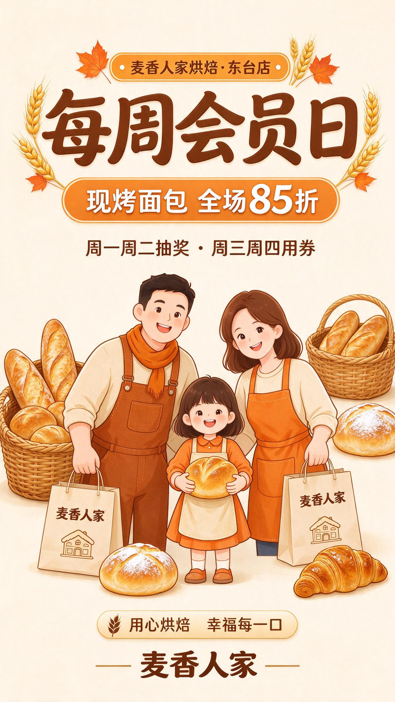 第1屏 麦香人家会员日推文头图。温暖烘焙风，整幅画面满版构图，… - 图片创意预览