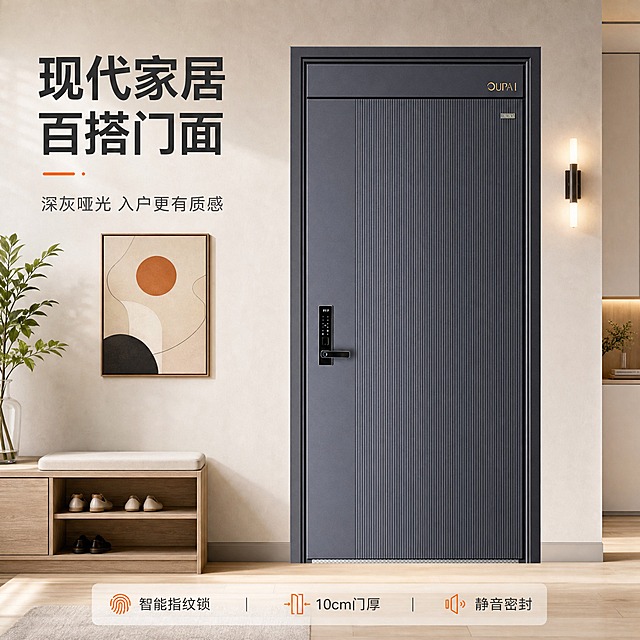 [主图-4] 效果场景主图，任务为真实家居场景展示：将输入图防盗门作为不可更改的主体，仅更换背景为现代简约玄关，门体与输入图必须是同一扇门；门面“左侧平整、右侧密集竖条纹”的分区比例、深灰哑光颜色、黑色智能锁造型、右上角金色OUPAI Logo位置与样式全部保持一致。
[统一基调] 风格=现代高端家居商业摄影；主标题字=现代无衬线粗体；辅助文字=简洁现代无衬线体；背景主色=暖白至浅暖灰细腻渐变；标题字色=深炭黑；辅助字色=中暖灰；强调色=暖橙色，仅用于小面积图标、引线、标签和局部光效；组件=圆角浅色信息卡、细线引线、圆角小图标；画面明亮自然光、浅木/米白环境。
[画面] 门体保持输入图【图45】正面完整造型与透视，门关闭状态，居中占画面约60%；门面纹理、智能锁、Logo、合页、密封条一律原样保留，不得重绘或替换；背景替换为暖灰微水泥墙面、浅木地板，玄关配木纹换鞋凳、绿植、暖光壁灯与抽象挂画；墙面开洞收口、地面接触阴影与场景光线自然融合，无白底残留与悬浮感。
[光影质感] 室内自然光为主，右前侧暖柔光，门面哑光质感、智能锁、合页与密封条在场景中保留真实明暗，与墙面地板形成柔和层次。
[配色] 沿用统一基调：深炭灰门体为视觉主角，环境以暖白、浅暖灰、浅木色为主，暖橙仅用于壁灯或挂画点缀，标题深炭黑、辅助字中暖灰。
[文字版式] 左上负空间主标题大字“现代家居 百搭门面”，副标题“深灰哑光 入户更有质感”，底部横向小字“智能指纹锁·10cm门厚·静音密封”，不遮挡门体、智能锁与Logo。
[输出要求] 1:1方形，场景透视正确，门体无变形；避免门体纹理改变、门面分区比例改变、Logo缺失或变形、锁具造型改变、错字、竖排文字、冷蓝背景、电商平台Logo/水印、绝对化用语、门体悬浮。