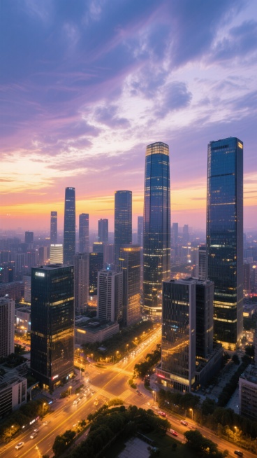 商业风格的现代城市天际线航拍图，清晨或黄昏时分，天空呈现渐变的蓝紫色与橙黄色霞光交织，云层丰富且富有层次感，城市中高楼林立，多为玻璃幕墙与钢结构建筑，其中几栋超高层建筑尤为突出，建筑表面反射着天空的色彩与地面的灯光，街道上车流灯光形成金色光带，整体光影柔和，氛围繁华而宁静，具有高度的视觉冲击力和专业的商业宣传质感，色彩和谐统一，构图采用广阔视角展现城市的宏伟与现代化发展面貌。预览效果