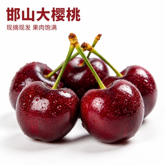 [主图-1] 邯山区大樱桃首图展示，整体食欲诱惑
[氛围风格] 新鲜实拍风格，干净清新，突出大樱桃的新鲜诱人
[画质] 商业摄影质感、光线柔和通透、产品清晰真实、画面干净高级，高清无水印
[元素] 五预览效果