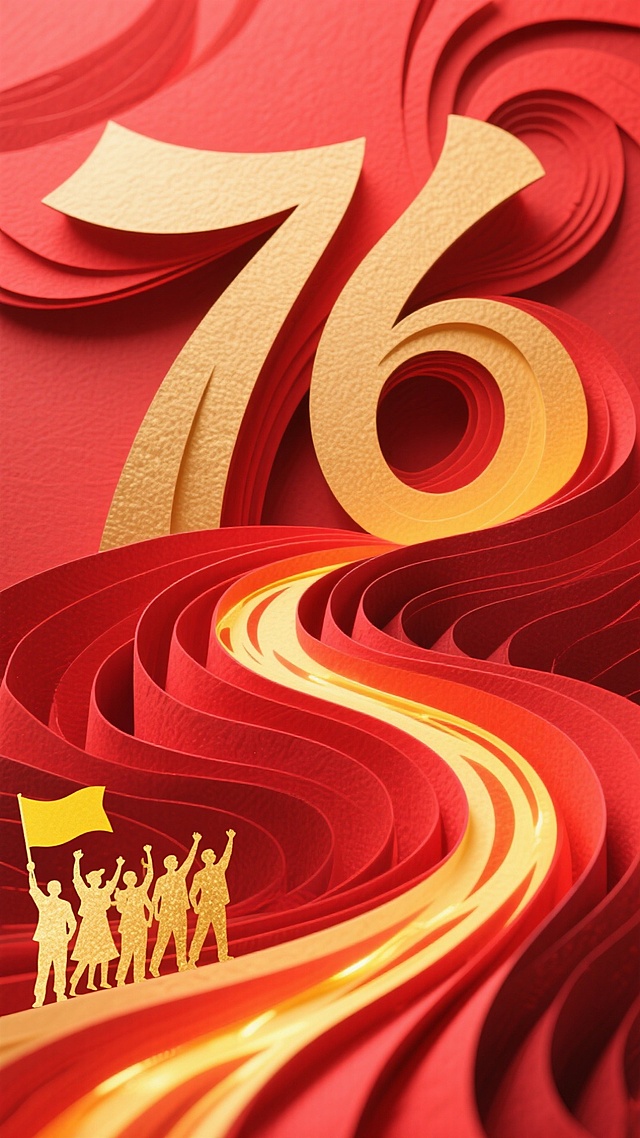 撕纸风与浮雕风结合，金色“76”立体醒目，红色卷曲线条象征奋进之路，剪影人物高举旗帜，鎏金质感传递喜庆与政务庄重感。