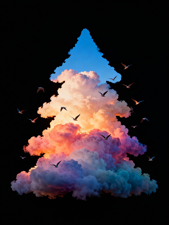 梦幻感云朵构成的圣诞树，光影交织，体积饱满，插画风与超现实主义融合，水彩般的渐变色彩，粒子飞鸟环绕，营造虚拟自然奇景。