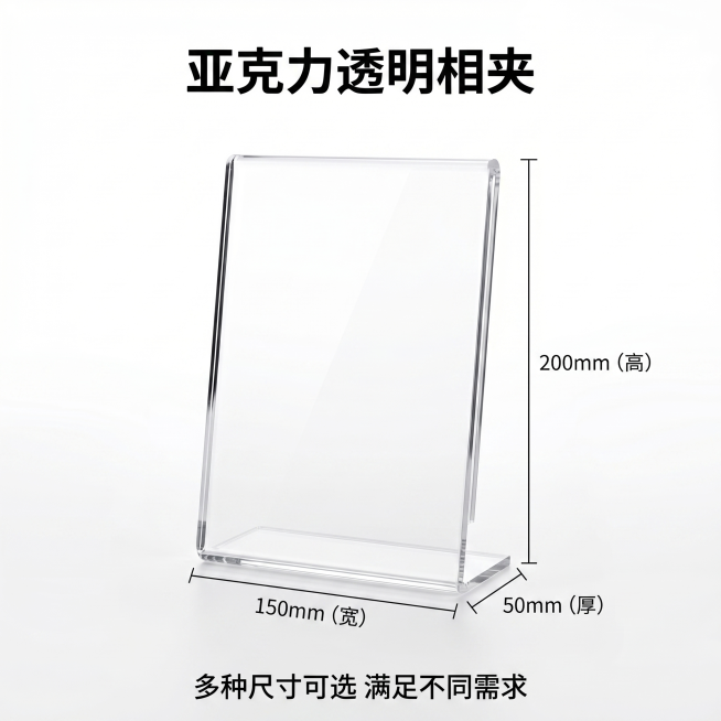 [主图 5] 亚克力相拼尺寸规格展示图，温馨舒适家居治愈风。[氛围风格] 简约清晰，信息直观；[画质] 商业摄影质感，光线柔和通透，产品清晰真实，画面干净高级；[元素] 亚克力相夹放置在纯白色背景上，预览效果