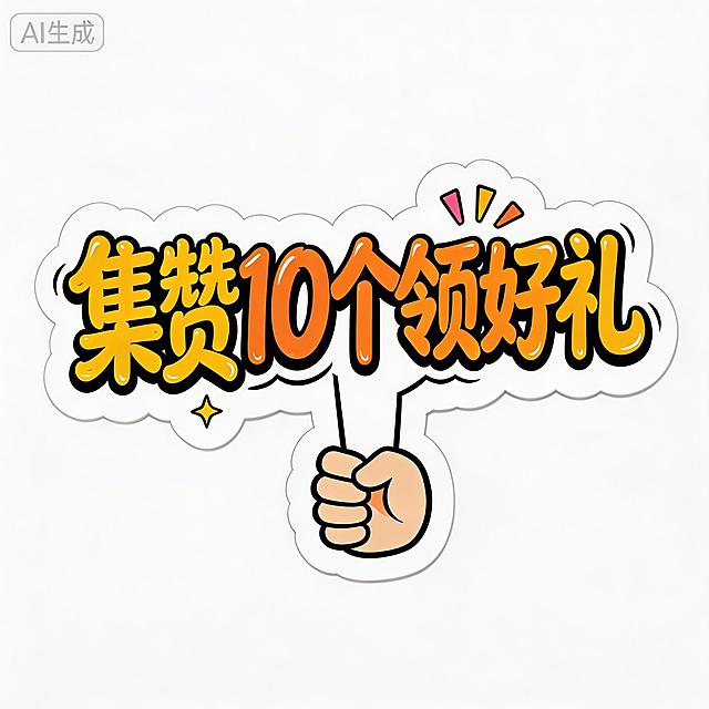 复制参考图片设计，移除拿着牌子的人物，保留标牌造型，标牌上有文字“集赞10个领好礼”，整体为黄橙渐变色艺术字带黑色描边，风格和排版参考原图，背景为纯白色，保留握拳图案装饰