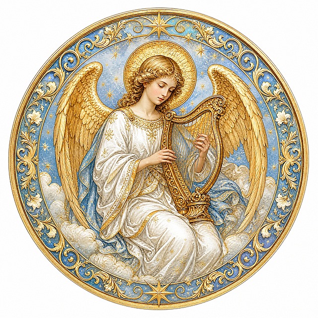 Christmas sticker, medieval illuminated manuscript style, a Christmas angel with golden wings and harp, heavenly figure, circular composition 800x800, white and gold and soft blue colors, renaissance religious art style with halo, isolated on clean white background, e-commerce sticker design, high detail, ethereal
