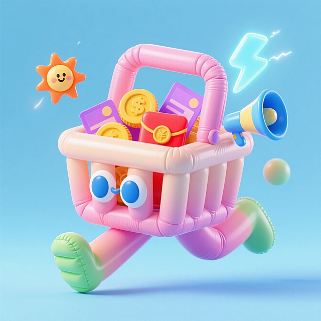 萌趣卡通风格，主视觉为正在奔跑的立体购物篮，内置红包、金币、优惠券，带两只卡通眼睛。环绕卡通太阳、喇叭、闪电等元素。清新马卡龙配色。