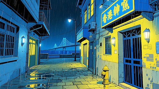 港风二次元，黑夜下雨城市，,细节丰富，蓝色为主、黄色为辅，生成2张，不要人，4k，16:9