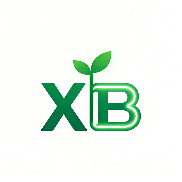极简风格青海小贝智能科技公司logo，字母XB，图形化设计，将字母设计成一棵简约树苗呼应绿色节能，搭配简约发光线条体现智慧照明，低饱和度绿色，科技简约，矢量图形，纯白色背景