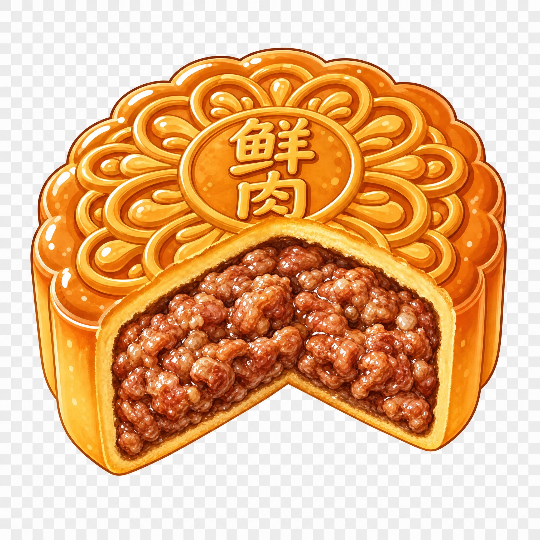 保持与参考图完全一致的卡通插画风格、月饼大小、四分之一切开角度… - 图片创意预览