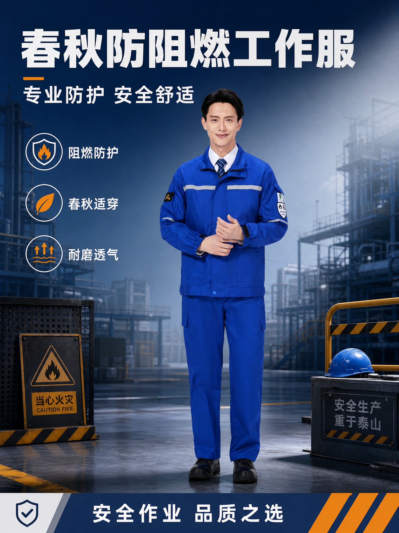 基于上传的春秋防阻燃工作服商品图，制作一张专业工业风商品营销海… - 图片创意预览