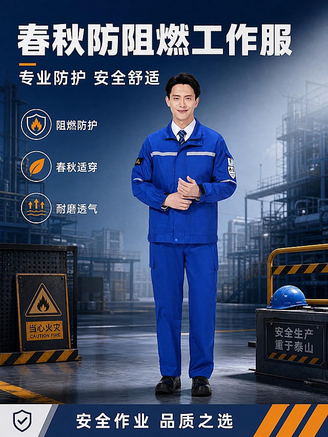 基于上传的春秋防阻燃工作服商品图，制作一张专业工业风商品营销海报。蓝色防阻燃工作服套装100%还原上传商品图的产品外形、颜色、面料质感、反光条位置、臂章标识、版型结构与正面朝向，以上传图为唯一商品主体来源；设计仅作用于背景、光影、道具、版式和文字区；商品主体占画面55%~70%，文字不遮挡主体。

画面风格：写实商业摄影风，工业安全主题，专业稳重。背景为深蓝色到浅灰蓝的渐变工业场景，隐约可见工厂车间轮廓与安全警示元素，营造专业防护氛围。侧前方柔和工业光源，主体服装清晰立体，面料质感真实，阴影自然。

版式精美，3:4竖版构图，人物模特居中偏下，上半部分为标题与卖点信息区，四周留足安全边距。

画面文字内容（必须完整清晰呈现）：
- 主标题（画面上方，大号白色粗体字）："春秋防阻燃工作服"
- 副标题（主标题下方，中号字）："专业防护 安全舒适"
- 卖点标签（画面左侧或右侧负空间，3个图标+短语文案）："阻燃防护"、"春秋适穿"、"耐磨透气"
- 底部辅助文案："安全作业 品质之选"

画面中所有信息区域必须填充完整合理的内容，不得出现空白框、空白占位、横线待填写区域；所有文字清晰可读，数字精确渲染。整体色调以蓝色、深灰、白色为主，点缀橙色安全警示色，体现工业安全专业感。