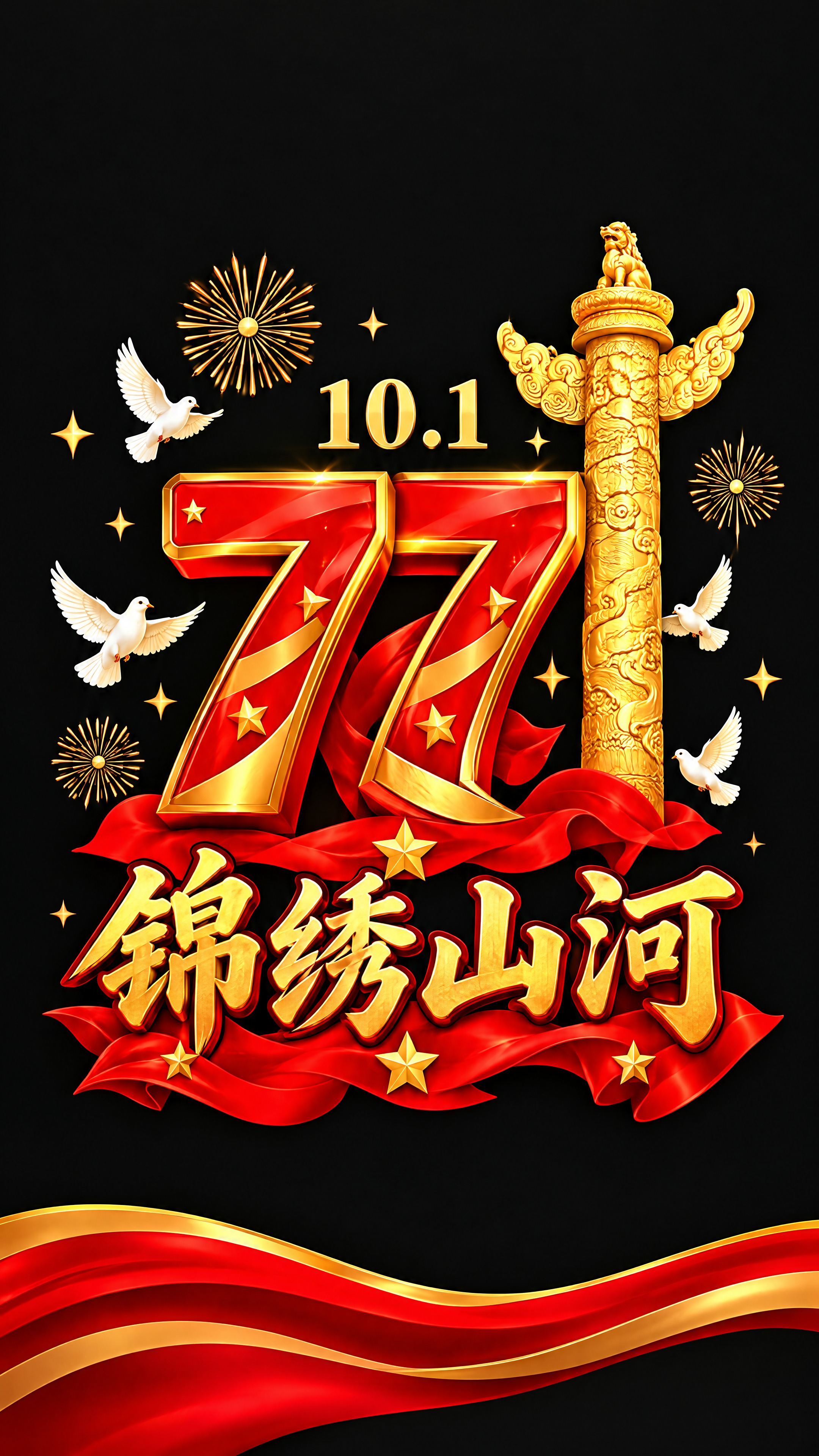 第4扇玻璃贴：黑色背景，画面中央是红色立体数字77配金色描边，… - 图片创意预览
