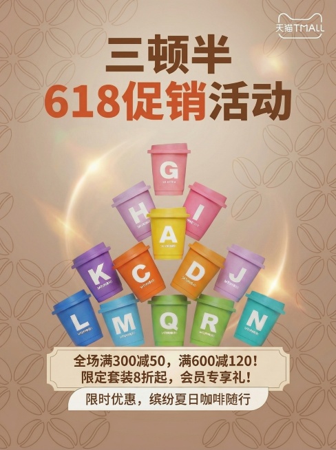 再次调整三顿半618促销海报，进一步增大促销方式文案占比，将背景花纹调淡，保留原有设计原则、品牌信息和平台标识，整体协调美观预览效果