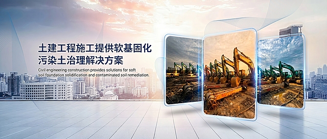 做一个banner轮播图，把三张挖掘机图片https://gdesign-dam-hz.dancf.com/36519775388684389/0a769a0e94a14cd29c97085d1f8c0739.jpg、https://gdesign-dam-hz.dancf.com/36519775489087593/757de7a4d9cb4dd8828accb222afce2b.jpg、https://2.jpg以类似参考图https://3.jpg的卡片悬浮效果融入进去，尺寸为长度1920px，高度651px，文案和参考图一模一样不要多也不要少，排版和参考图类似，保留城市背景和整体风格，文案为：土建工程施工提供软基固化 污染土治理解决方案，英文文案为：Civil engineering construction provides solutions for soft soil foundation solidification and contaminated soil remediation.