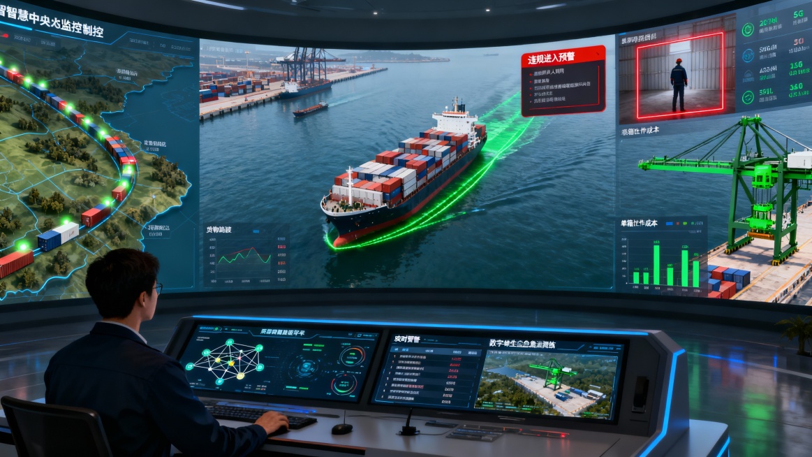 智慧港口中央控制中心，一名调度员正专注于巨大的弧形监控主屏。屏幕被清晰划分为多个智能分析区块，全景式展现“1+2+N”管控平台的协同能力：

主画面（船舶与安全智能管控）：显示一艘集装箱船正在精准靠泊预览效果