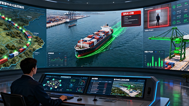 智慧港口中央控制中心，一名调度员正专注于巨大的弧形监控主屏。屏幕被清晰划分为多个智能分析区块，全景式展现“1+2+N”管控平台的协同能力：

主画面（船舶与安全智能管控）：显示一艘集装箱船正在精准靠泊，绿色引导轨迹与船体轮廓重合；子画面中，码头周界一处人员闯入被红色识别框锁定，并弹出“违规进入预警”。

左侧画面（供应链可视化）：呈现港区及腹地的三维数字地图，数个代表集装箱的光点正在地图上沿预定路线移动，旁边实时显示货物状态与预计抵达时间。

右侧画面（设备与成本智能管理）：显示龙门吊的三维模型，关键部件健康状态以绿色标示；另一侧则滚动刷新着单箱作业成本等关键经济指标。

调度员面前的控制台上，多个辅助屏幕分别显示着网络设备拓扑图、实时预警列表及基于数字孪生技术模拟的应急演练场景。数据流在屏幕间动态可视化。整体环境光线冷静、充满现代工业的专业感。巨大屏幕将船舶调度、货物追踪、安全防控、设备健康与成本数据融于一屏，生动诠释了智能化管控平台如何通过多AI技术融合与5G支撑，实现从“被动应对”到“主动防控、全局优化”的港口管理变革。