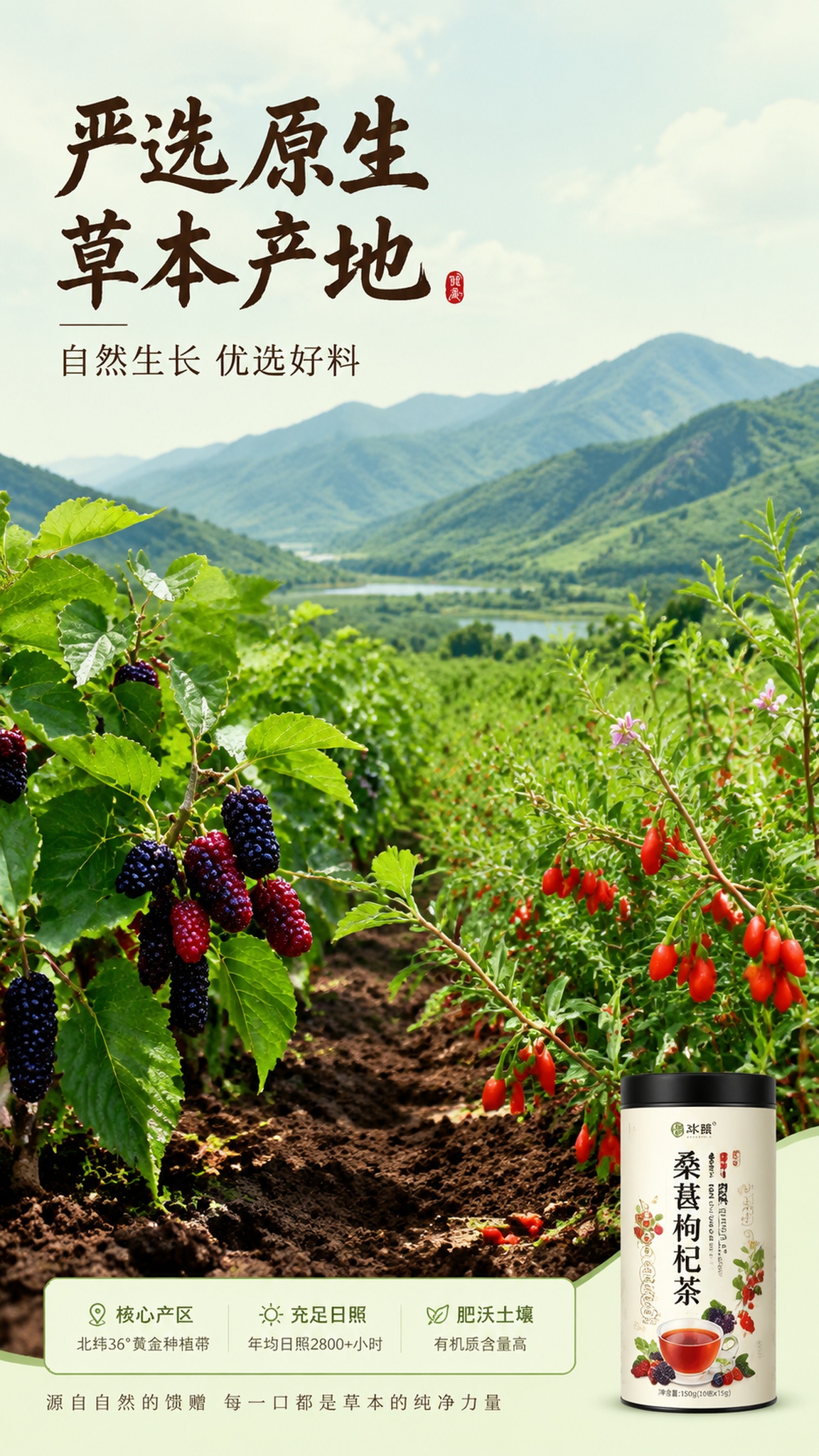 [第2屏] 产地展示屏-桑葚枸杞茶严选草本产地。产品罐身仅放在… - 图片创意预览