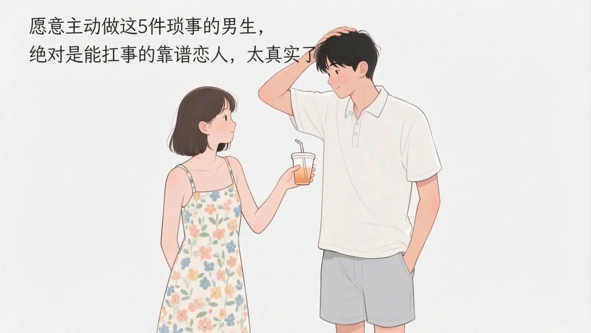 在图片上方空白合适位置添加文字：愿意主动做这5件琐事的男生，绝对是能扛事的靠谱恋人，太真实了，文字风格与清新治愈的插画画面适配，不遮挡人物主体预览效果
