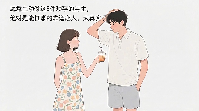 在图片上方空白合适位置添加文字：愿意主动做这5件琐事的男生，绝对是能扛事的靠谱恋人，太真实了，文字风格与清新治愈的插画画面适配，不遮挡人物主体