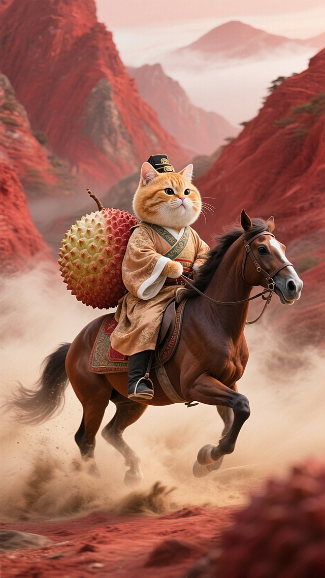 拟人胖乎乎圆滚滚橘猫穿着唐朝长安荔枝使的官服，骑在马上，背上背着一颗巨大的荔枝。烟尘滚滚的在红色山峦间。全局朦胧模糊效果，多重曝光，拖影，超广角强透视构图