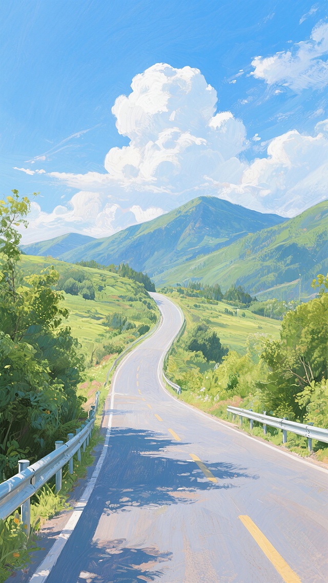 清新水彩风插画，描绘夏日山间公路，绿意盎然，云影轻盈，传递柔和舒适感，宛如印象画派笔触中的自然诗意。