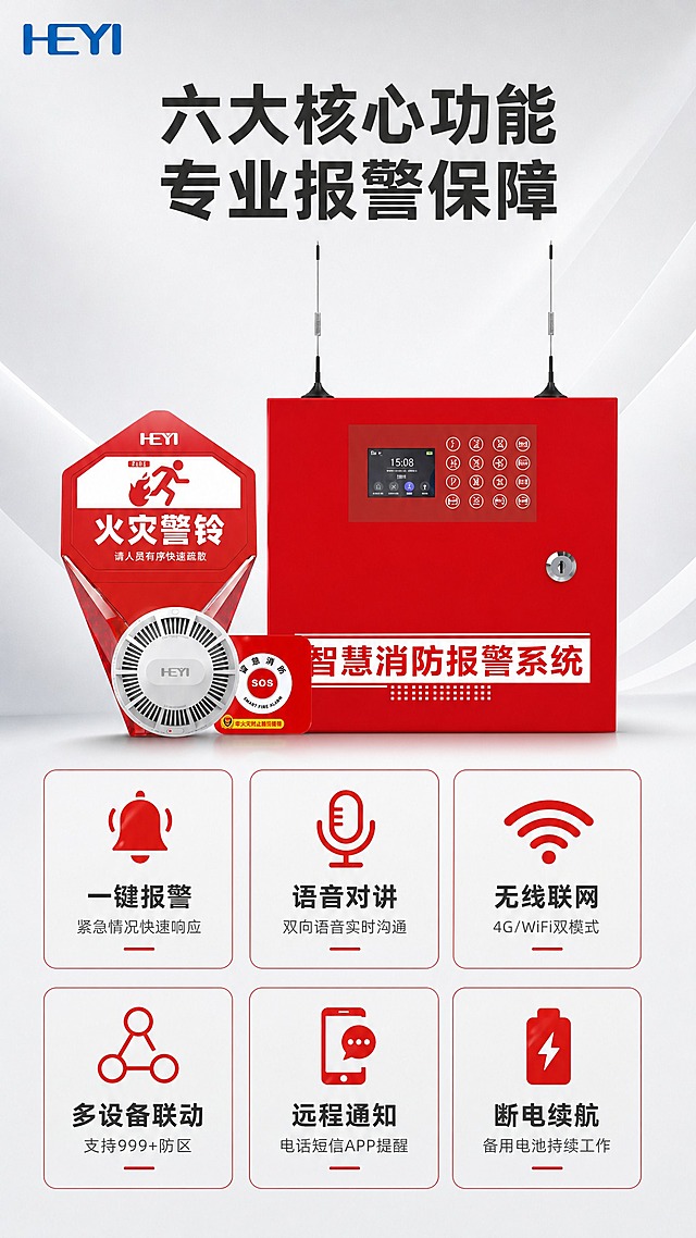 [商品] 使用【图1】智慧消防火灾报警系统套装，包含红色报警主机（带双天线、显示屏、触控按键区、金属锁孔）、红色六边形火灾警铃、白色圆形烟雾报警器、红色SOS紧急按钮；保留所有产品的结构、颜色、材质、Logo和机身文字，外观严格不变形不扭曲。
[画面] 第2张 核心卖点总览，目标展示6大核心功能，建立系统完整认知。竖版9:16构图，画面上半部分展示红色报警主机正面中景，占画面约35%，居中放置；下半部分为2行3列共6个icon卖点卡，每个卡片含红色简约图标+功能标题+简短说明；整体满版排布，不留空白。
[视觉] 套系策略：风格=报警行业专业商业摄影；标题字=无衬线粗体大字；正文字=简洁无衬线体；主色=浅灰色；背景延展=基于浅灰做上下渐变层次，细腻棚拍质感；强调色=警示红，仅用于图标、重点词和卡片边框；标题色=深炭灰；正文色=中灰色；组件=圆角浅灰底信息卡、红色线条图标；光影=柔和棚拍光，产品清晰明亮，红色机身质感均匀。左上角放置HEYI蓝色LOGO。
[文字] 顶部大标题「六大核心功能 专业报警保障」深灰色粗体；6个卖点卡分别为：1.「一键报警」紧急情况快速响应；2.「语音对讲」双向语音实时沟通；3.「无线联网」4G/WiFi双模式；4.「多设备联动」支持999+防区；5.「远程通知」电话短信APP提醒；6.「断电续航」备用电池持续工作。每个卡片标题为深灰色粗体，说明为中灰色小字，图标为红色。所有文字横排。
[规格] 比例9:16竖版，2K分辨率，中文文案；禁止产品变形、错字、水印、平台Logo、绝对化用语，禁止深色背景和过于彩色。