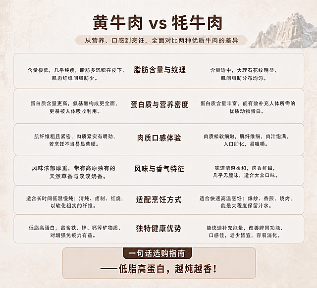 基于这张黄牛肉vs牦牛肉对比图进行修改：删除每个表格框内中间小标题左右两侧的水平分隔横线，只保留文字内容。其他所有元素（外框、标题、文字内容、底部选购指南、背景雪山等）保持不变，整体风格一致