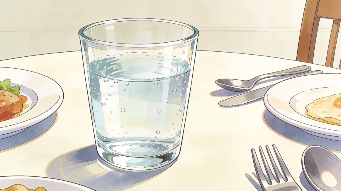 饭前喝温水健康习惯主题手绘插画，展示饭前餐桌摆放一杯温水的场景，传递增加饱腹感减少摄入量的健康理念，手绘插画风格，干净清新，画面无任何文字预览效果