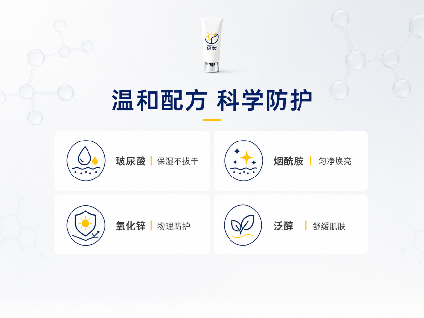 [第3屏] 蓓安防晒乳成分功效屏。
[氛围/风格] 专业科研感，浅灰色简约背景，干净清晰，信息层级分明。
[元素布局] 顶部居中放置【图1】产品小图，占比不超过画面15%，保持产品外观与输入图一致。采预览效果