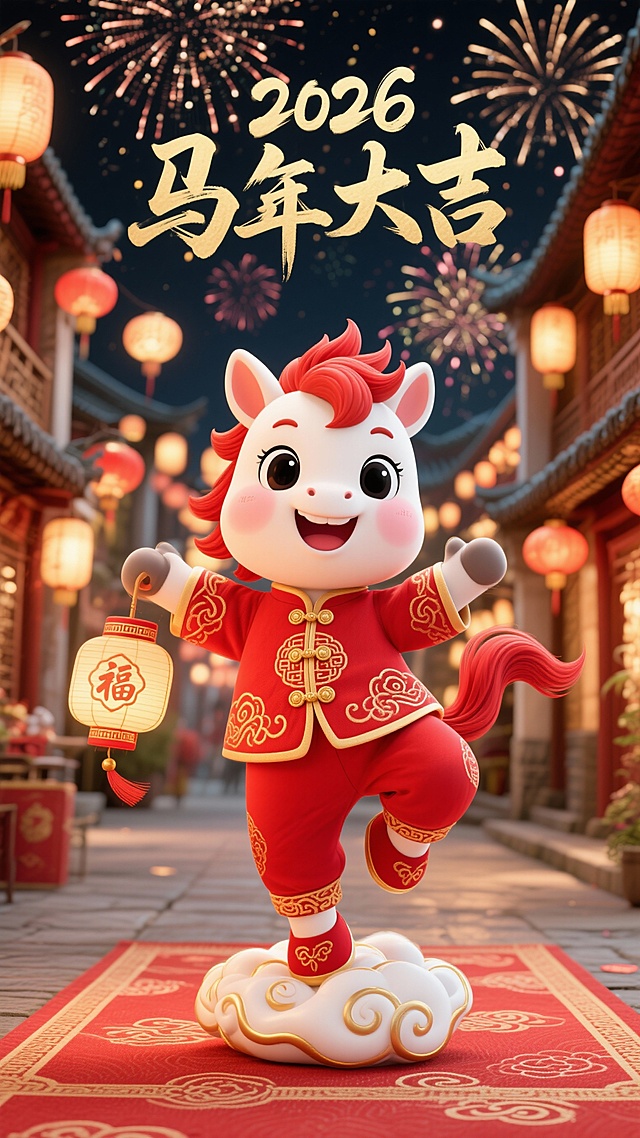 软3D风卡通小马身着国潮唐装，踩云举灯，喜庆迎春，拟人化设计搭配烟花灯笼，营造浓郁节日氛围。