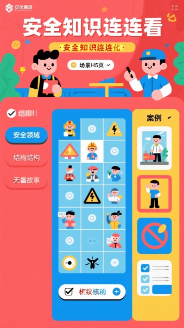 安全知识连连看互动H5页面，红蓝主色调，页面布局为左侧安全领域选项卡、右侧案例选项卡，顶部标题"安全知识连连看"，底部有提交核对按钮，扁平化设计，网格布局，简约清晰科技感预览效果