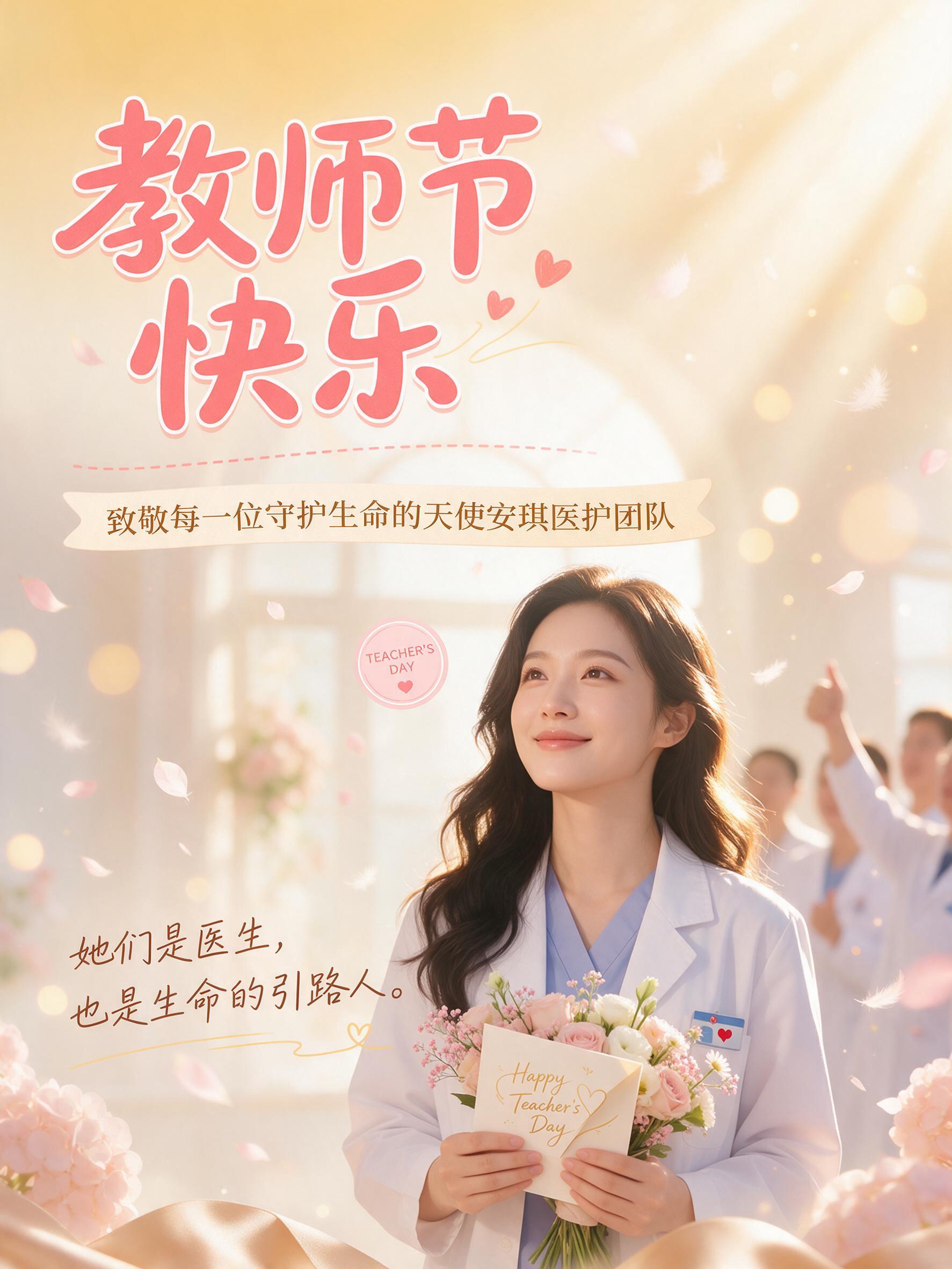 小红书封面，教师节主题，致敬医护团队，温暖治愈风格。画面中央是… - 图片创意预览