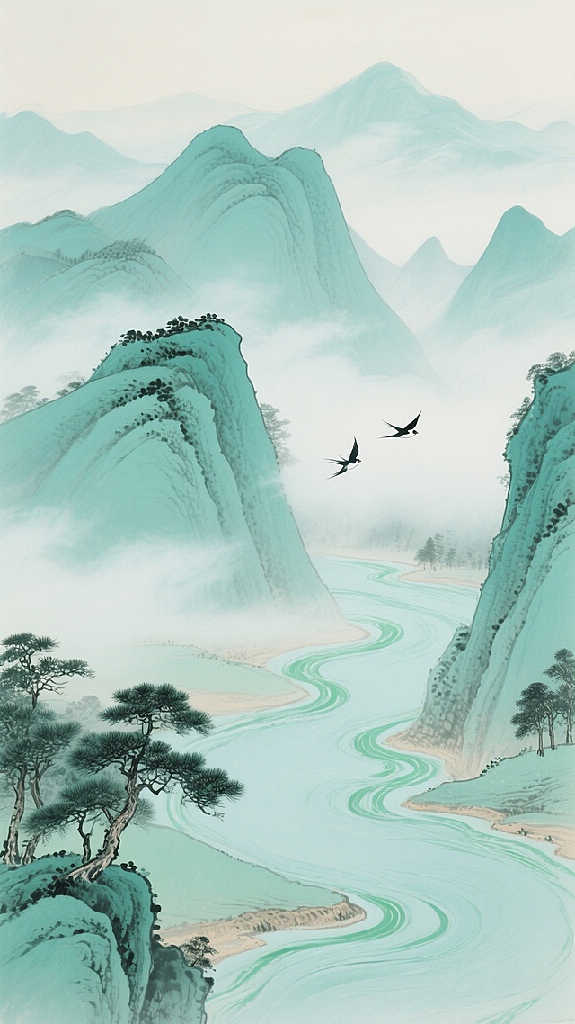 中国传统水墨风格的山水画，以青绿色为主色调，远山近峰层次分明，山脊线勾勒清晰，山间云雾缭绕呈淡青色，蜿蜒的河流如碧绿丝带穿梭其间，河岸边点缀几棵墨绿色的松树，两只飞鸟在空中翱翔，整体画面清雅宁静，富有东方韵味，采用柔和的光影效果，营造出悠远空灵的意境，线条流畅细腻，具有典型的工笔山水特征。
