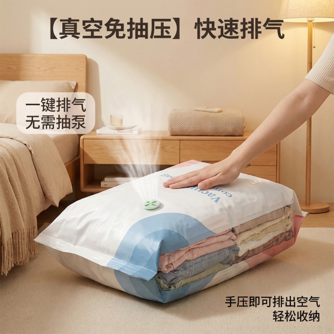 [主图 2] 真空免抽压功能展示
[氛围/风格] 日式简约 家居治愈风 温馨居家生活感 一致光影
[画面元素] 保持原产品外观完全一致，主体展示大号真空压缩袋手动排气过程，一只手轻压压缩袋排出空气，展预览效果