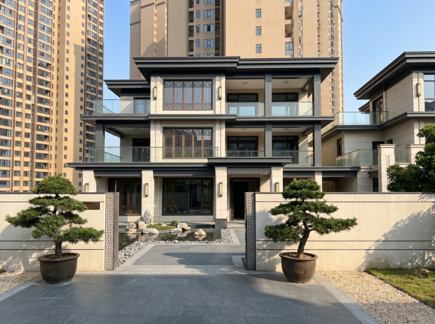 商业写实建筑摄影。
主体：自建别墅严格参照上传产品图，完整保留所有可见结构、轮廓、比例，建成浅米色立面加深灰线条，保留立柱、花格窗结构，加入大露台、落地窗，庭院增加对称铺装与水系景观，整体结构与上传图预览效果