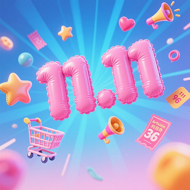 画面视觉中心为大号粉色立体数字 “11.11”，周围环绕漂浮着彩色促销元素装饰（购物车、星星、喇叭、爱心、优惠券等），背景为渐变蓝色并带有放射状光效。