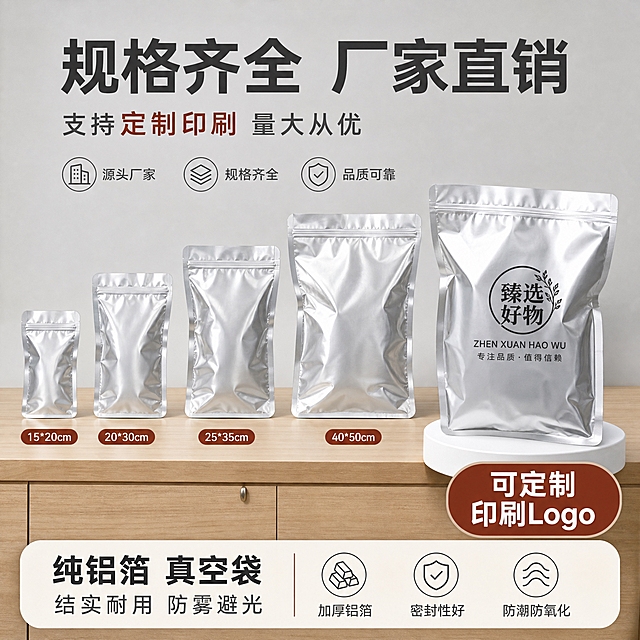 [主图-5] 主题：规格齐全与定制服务——多尺寸规格展示+厂家直销可定制印刷，帮助用户快速决策。
[统一基调] 淘宝/天猫风格，专业品质感，洁净通透，真实商业摄影质感；主色为银铝本色+浅灰+暖木色点缀，标题字用深灰近黑，辅助字用中灰，强调色用深棕红；字体为无衬线粗体标题+常规无衬线正文，字号层级清晰。
[画面] 画面采用规格矩阵展示：4-5种不同尺寸的纯铝箔真空袋整齐排列，从小到大依次铺开，每种尺寸旁边标注规格尺寸（如15*20cm、20*30cm等通用示意，不编造具体型号）。画面右侧或底部突出"厂家直销 可定制印刷"的信息，用一个带有定制印刷图案（如简单品牌Logo示意）的铝箔袋作为样例展示。背景为浅灰色高级质感背景，下方有浅木色台面承托。产品整体占画面约60%。
[光影质感] 影棚柔光，均匀明亮，每个尺寸的铝箔袋都有清晰的金属反光与边缘轮廓，底部有柔和投影，整体干净整齐，体现规格丰富与专业供应能力。
[配色] 银铝本色+浅灰背景+深灰文字+深棕红强调色；定制印刷样例袋上的印刷图案用深色简洁Logo示意。
[文字版式] 顶部大标题："规格齐全 厂家直销"，副标题："支持定制印刷 量大从优"；每个规格袋下方标注尺寸；右下角突出标签："可定制 印刷Logo"；底部补充卖点："纯铝箔 真空袋 结实耐用 防雾避光"。文字均为无衬线体，规格标注清晰易读。
[输出要求] 比例1:1，2048x2048，2K画质，产品清晰，规格排列整齐，文字清晰可读；禁止产品变形，禁止改变圆形端头形状，禁止改变透视角度，禁止减少产品，禁止改变产品颜色，禁止宣传泡沫，禁止水印、平台Logo、错字、模糊、虚假认证标识。