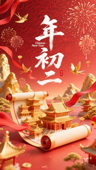 大标题“Chinese New Year 年初二”，白色挥洒大字，毛笔书法文字。红色为主色调。红色暗纹渐变背景，画面主体是华丽精致的立体卷轴展开的效果，卷轴内有通体黄金的古典楼阁建筑群、金色山水景观，预览效果