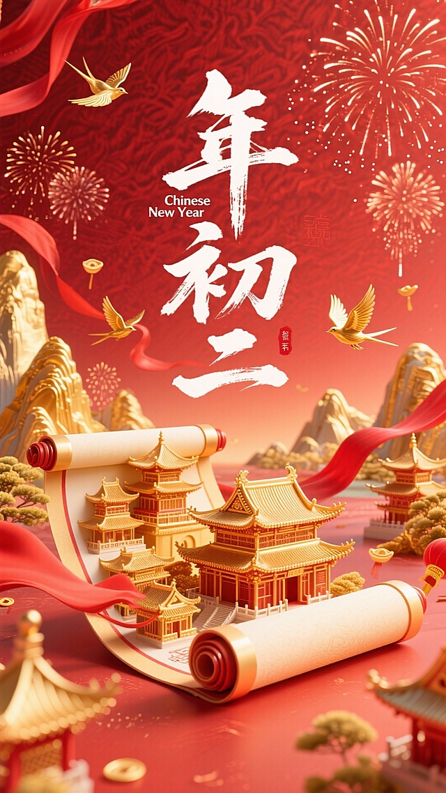 喜庆红金配色，3D微缩中式建筑跃然卷轴之上，鎏金浮雕风融合烟花飞鸟，古典韵味与节日氛围交织，尽显年初二的祥瑞之气。