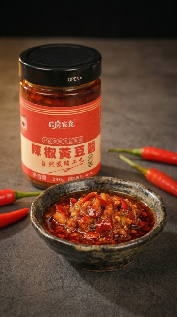 保留产品瓶身、所有文字图案和酱料完全不变，形状结构颜色特征一字不改。更换为全新差异化场景：深色水泥台面，搭配复古粗陶碗盛放酱料，暖调侧逆光，营造更有氛围感的光影效果，红油油润反光，辣椒鲜亮，浅景深，干预览效果