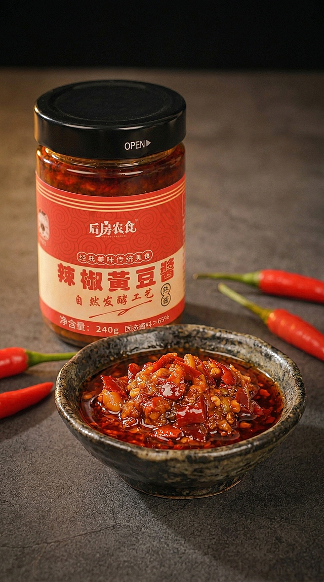 保留产品瓶身、所有文字图案和酱料完全不变，形状结构颜色特征一字不改。更换为全新差异化场景：深色水泥台面，搭配复古粗陶碗盛放酱料，暖调侧逆光，营造更有氛围感的光影效果，红油油润反光，辣椒鲜亮，浅景深，干净高级，美食商业摄影质感，超有食欲