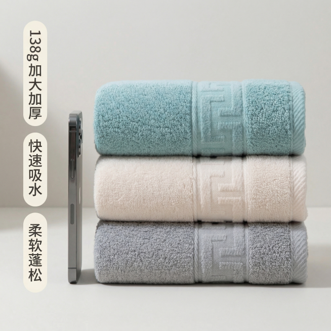 138g加大加厚吸水毛巾卖点展示，舒适简约风格，干净明亮自然光，无模特。保持原有浅湖蓝、米白、浅灰三款毛巾样式颜色和缎档断档装饰细节完全不变，三款毛巾整齐堆叠，放置手机作为参照物对比毛巾厚度，突出加大预览效果