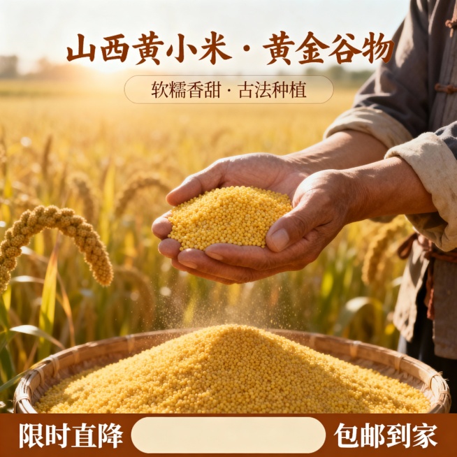 我的产品是山西黄小米 帮我做20张拼多多主图  突出产品暖色系预览效果