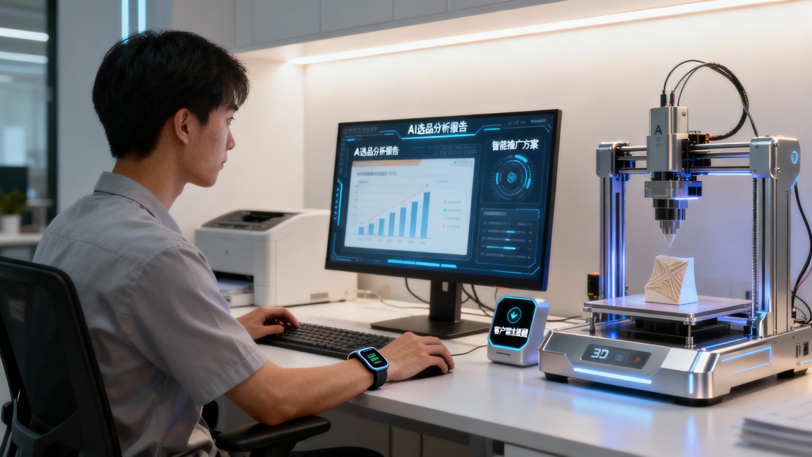 电商 AI 选品与运营场景，未来中职电商人操作智能运营平台，AI 算法自动生成商品选品报告、定制化推广策略，电脑屏幕旁的智能手环实时提醒客户需求变化，旁边的 3D 打印机正在快速制作商品样品，暖白科技预览效果