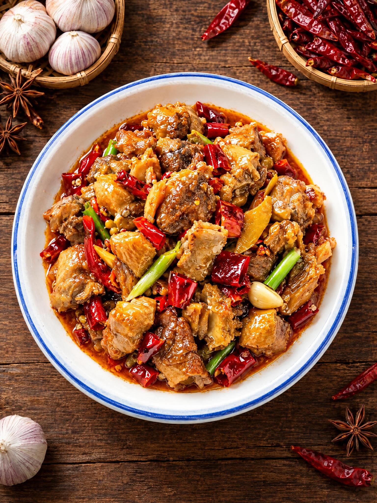 基于参考图中的红烧鸡块菜品，生成正俯视（90度俯拍）角度的美食… - 图片创意预览