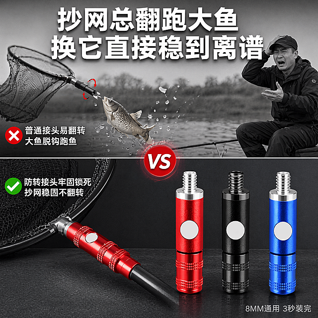 [单张主图] 抄网防转接头钓鱼配件电商主图，走爆款促销感主图路线，目标是呈现痛点对比突出产品防转稳固优势。
[画面主体] 上下分屏对比构图，上半部分展示抄网翻转鱼脱钩的动态懊恼场景，下半部分展示接头固定后抄网稳固不转的产品特写，红黑蓝三款抄网防转接头同时展示。保持产品外观、物理结构、材质质感、颜色和输入产品图绝对一致，杜绝任何变形和色差，精细化处理。商品主体占比严格控制在65%左右，画面满屏无边框。
[构图版式] 采用上下对比构图，顶部大字标题居中，分上下两屏呈现对比场景，右下角放置规格小字标签。
[场景元素] 背景使用浅灰渐变，上方户外钓鱼自然水域虚化背景，下方深灰色调台面承托产品，金属质感清晰突出。
[文案版式] 顶部居中大字标题："抄网总翻跑大鱼 换它直接稳到离谱"，字体为粗黑无衬线，最大字号，白色醒目；右下角角落小字标注："8MM通用 3秒装完"，浅灰色小号无衬线字体。
[光影质感] 主光源从正面打来，均匀柔和，金属产品高光清晰，螺纹切面细节锐利，明暗对比自然，商业摄影高清质感，主体清晰背景层次分明。
[配色字体] 主色调浅灰底色，产品红黑蓝色自然呈现，文字白色主标题、深灰小字，字体采用粗体无衬线，主标题字号是小字的3倍以上，对比强烈清晰。
[比例分辨率] 1:1比例，2048px*2048px，2k分辨率，文字清晰可辨，超高清。
[负向提示词] 变形，水印，错字，糊字，伪Logo，主体遮挡，背景杂乱，低清晰度，错误结构，文字错乱。