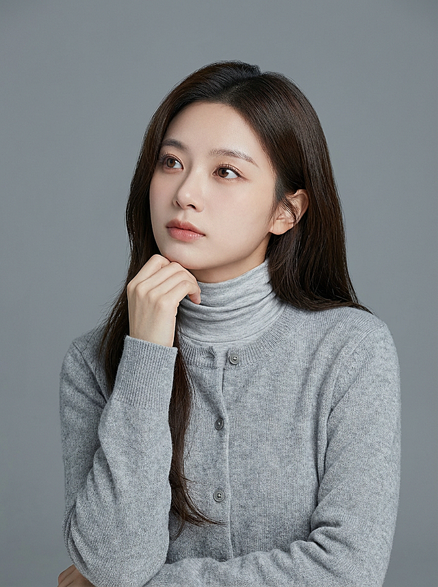 修改人物头发为长发表情为思考，动作为单手托腮思考状(表情不要呆滞，自然要有活人感一些），衣服换成灰色优雅轻薄毛衣开衫（扣上扣子），内搭浅灰色紧身纯棉薄款高领内衣，灰色背景，去掉桌子与纸笔