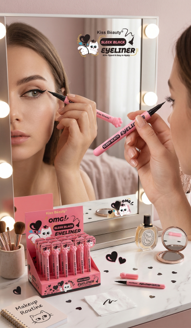 参考原图产品风格，生成Kiss Beauty小猫爪眼线笔的使用场景图，展示女生化妆台使用这款眼线笔的真实场景，突出产品使用感，增强用户代入感，所有文字转换为英文预览效果