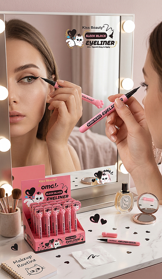参考原图产品风格，生成Kiss Beauty小猫爪眼线笔的使用场景图，展示女生化妆台使用这款眼线笔的真实场景，突出产品使用感，增强用户代入感，所有文字转换为英文